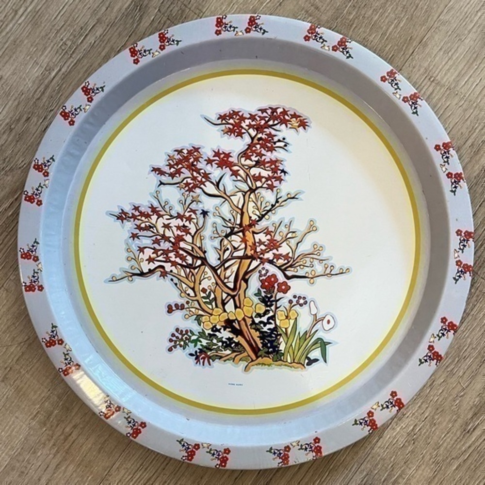 Vintage Metal Tray Hong Kong Bonsai Flowering Tree Design